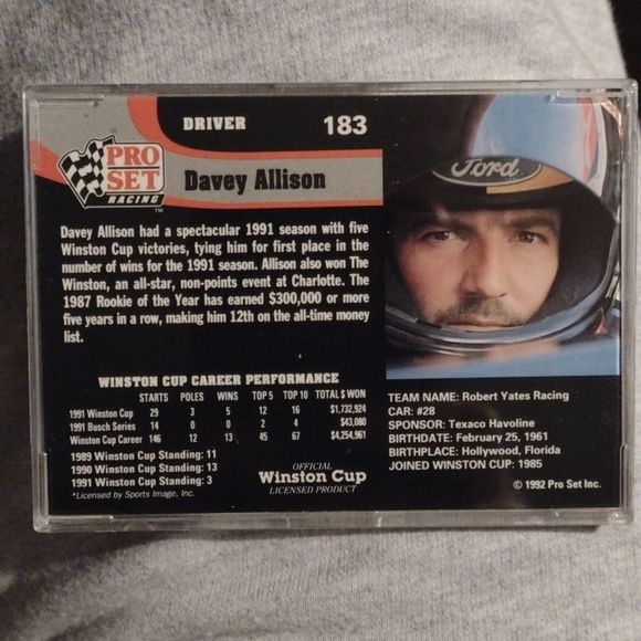 1992 Pro Set racing card . Autographed Davey Allison card in plastic cover. - Picture 2 of 2